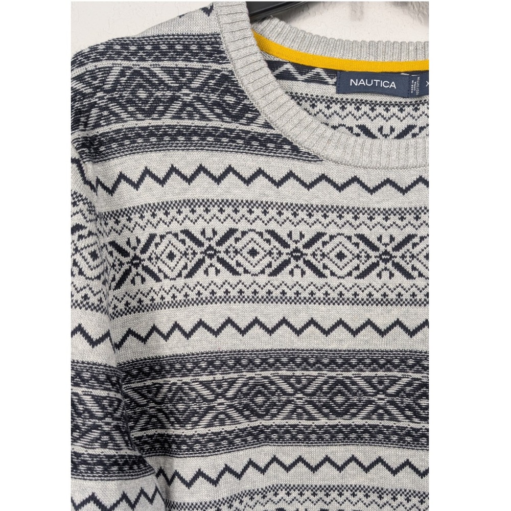 Nautica Men's XL Fair Isle Sweater‎ 100% Cotton Gray Navy Blue Pullover Preppy
